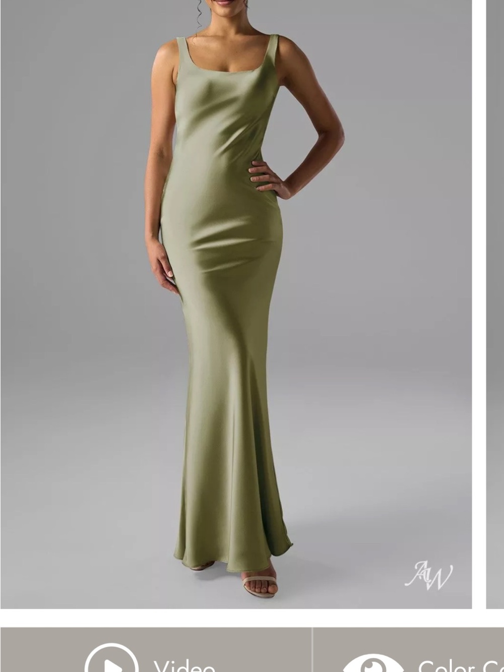 Satin Olive Green Scoop-Neck Prom Gown